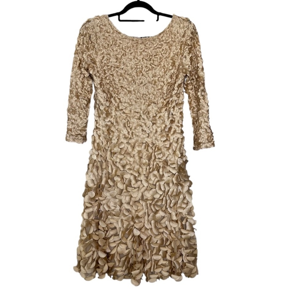 Theia Champagne Beaded Petal Appliqué Embellished Long Sleeve Dress Size 10